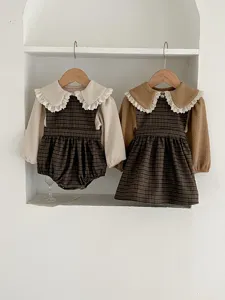 Cute baby infant girls plaid romper dress set long sleeve lace collar toddler sister outfits