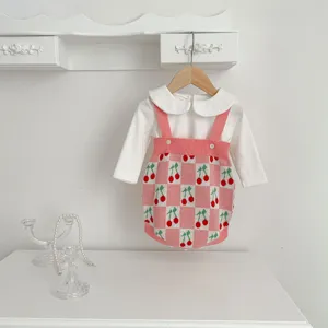 Baby knit romper and blouse detail, pink cherry pattern with white collar, cute infant set
