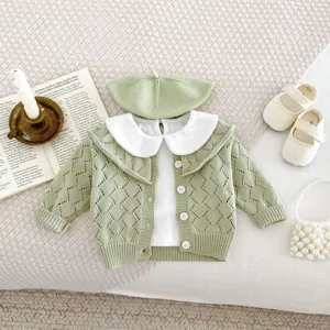 Baby girls hollow knit cardigan set with beret and doll collar, cute autumn toddler outfit.