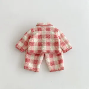Girls winter padded plaid pajama set cute thick warm fleece top and pants two-piece clothing