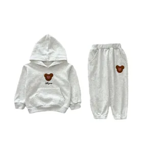 Cute infant baby cotton hooded sweatshirt and pants set with bear embroidery for autumn.