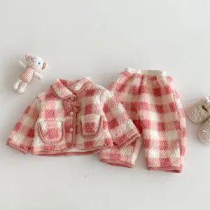 Cute pink checkered winter fleece-lined toddler girls two-piece jacket and pants set.