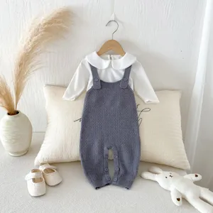 Baby knit romper set with white collar shirt, cute infant autumn clothing outfit.