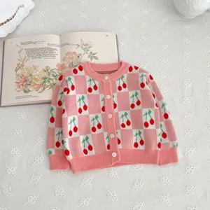 Baby pink checkered cherry jacquard knit cardigan sweater toddler cute outerwear clothing item