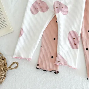 Infant baby girl long sleeve ribbed cotton pajamas set autumn cute heart print lettuce edge