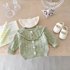 Cute baby girl knit cardigan set with ruffle collar, autumn long sleeve sweater and matching hat.