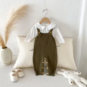 Baby knit romper overalls set with white collar long sleeve shirt and cute buttons detail.
