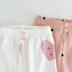 Ribbed baby trousers infant cotton pants cute heart print toddler casual clothes detail view