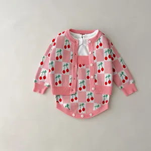 Sweet baby knit cardigan romper set with cherry jacquard and pink check pattern for girls.