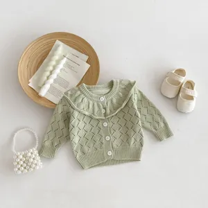 Baby girl light green knit cardigan, cute hollow-out ruffle collar long sleeve sweater for autumn.