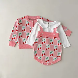 Baby girl knitted cardigan romper set cute cherry pattern sweet toddler two piece outfit