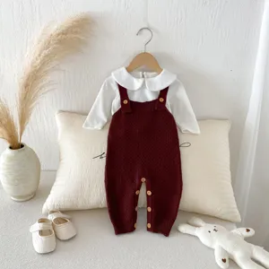 Korean style baby knit romper set with collared shirt and cute suspender pants for infants.