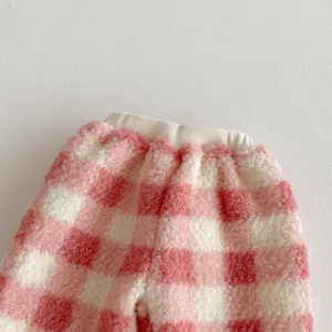 Girls winter pink plaid fleece pants detail, soft cozy plush fabric with elastic waistband.