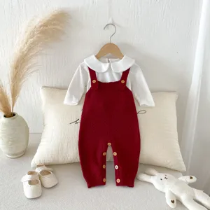 Baby knit romper set with white collared shirt and red overalls, cute infant clothing for daily wear.