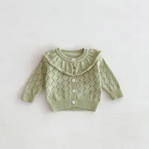 Baby knit cardigan detail, light green cotton hollow out sweater with ruffled collar.