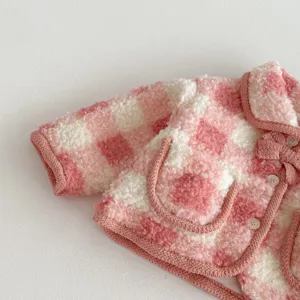Girls fleece plaid coat winter warm thick outerwear with lovely pink check pattern design.