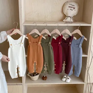 Infant knitted romper, baby unisex cotton blend overall jumpsuit with adjustable buttons.