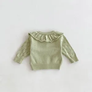 Baby knit sweater hollow out detail ruffle collar light green cotton long sleeve infant wear