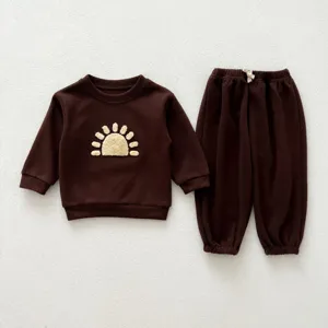 Toddler baby brown long sleeve sweatshirt and pants set with cute sun patch apparel.