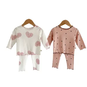 Infant baby toddler ribbed cotton long sleeve pajama set cute heart dot sleepwear 2pcs