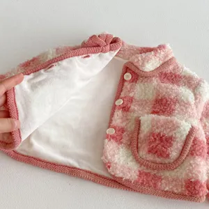 Detailed view of winter toddler girls pink plaid fleece lined jacket with buttons and pocket