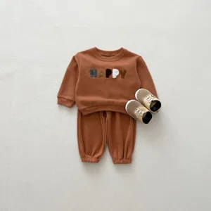 Korean style autumn baby letter long sleeve sweatshirt and pants set with cute shoes.
