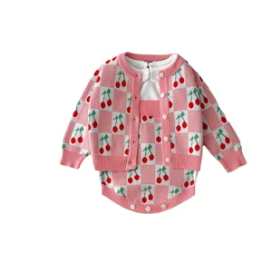 Baby girl pink checkerboard cherry knit cardigan strap romper two-piece set cute infant sweater