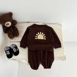 Toddler baby boy girl fall brown long sleeve sweatshirt and pants set cute sun outfit