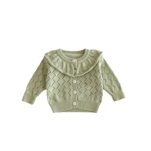 Baby girl knit cardigan light green ruffle collar hollow out long sleeve sweater for toddlers