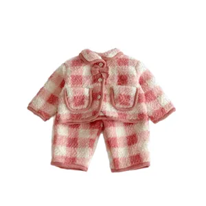 Toddler girls winter warm pink plaid sherpa fleece jacket and pants set two piece outfit