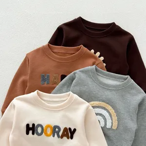 Kids long sleeve crewneck sweatshirt with cute embroidered letters for cozy autumn daily wear.