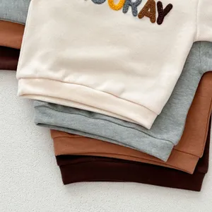 Detailed shot of kids ribbed long sleeve sweatshirt, multi-color stacked design, stylish.