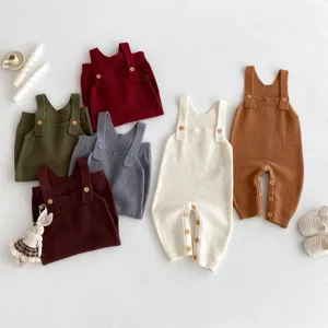 Detailed view of cute baby knit rompers with wooden buttons, soft texture for daily infant wear.