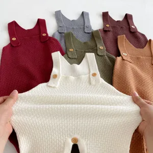 Closeup of baby knit romper details, soft textured fabric with cute wooden buttons.