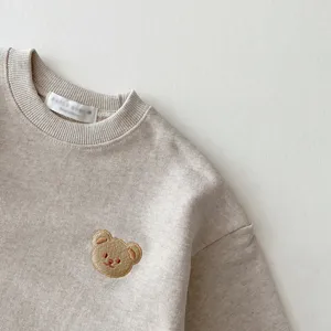 Baby cute bear embroidery crewneck sweatshirt detail view, soft cotton kids apparel.