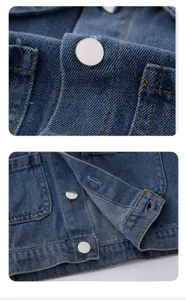 Détails en gros plan de la veste en jean pour enfants avec boutons métalliques et coutures.