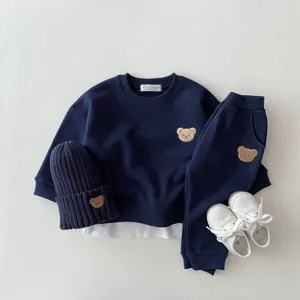 Cute bear embroidery baby sweatshirt set details, soft cotton infant daily outfit flat lay