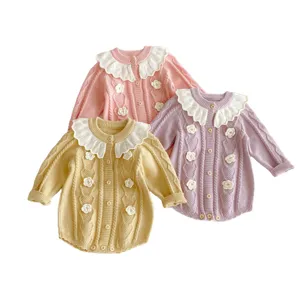 Cute infant knit romper with lotus leaf collar long sleeve floral baby girl bodysuit winter.