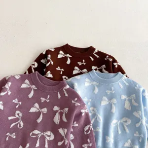 Children knit sweater, cute bow jacquard long sleeve pullover, cozy kids autumn winter warm top.