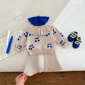 Baby toddler girl knit cardigan pants set cherry print ruffle collar cute spring outfit