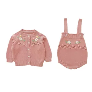 Cute baby girl knitwear set, pink cardigan and romper with floral embroidery for newborns.