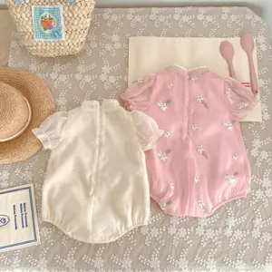 Summer baby girl chinese style qipao romper cute floral embroidered infant onesie crawler