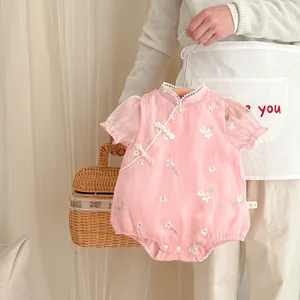 Cute baby girl pink cheongsam romper infant summer floral embroidery Chinese style bodysuit 80