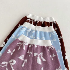 Girls cute knit jacquard long pants with bow details, soft toddler trousers spring.