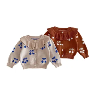 Infant toddler girls knit cardigan sweater featuring cute cherry print and chic lapel collar.
