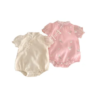 Cute baby infant summer qipao romper Chinese style floral embroidered newborn crawler jumpsuit