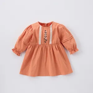 Bébé Fille Robe en Coton à Manches Longues Style Coréen Couleur Unie Jolie Robe de Princesse Tout-Petit Printemps Automne Vêtements Décontractés