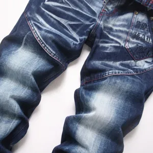 Heren vintage gewassen stretch slim-fit casual denim jeans broek gedetailleerd 8414