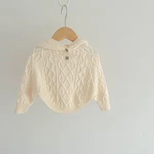 Kids hooded cable knit sweater cape poncho cream color baby warm autumn top details
