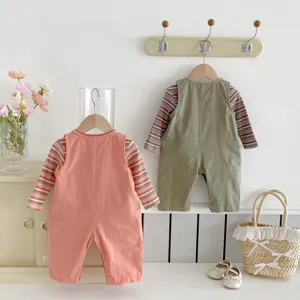 Baby spring casual candy color long pants wide strap overalls infant toddler cargo set